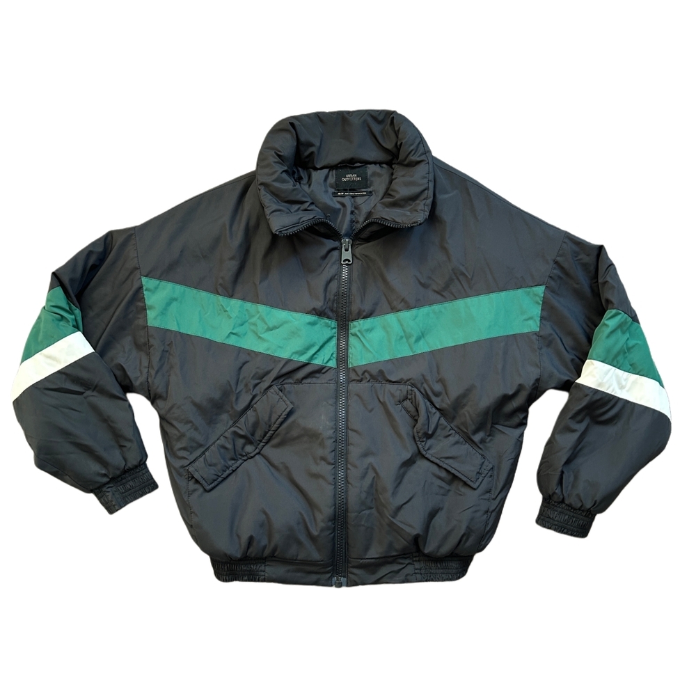 Urban Outfitters Black Green White Striped Puffer Jacket Size XS
